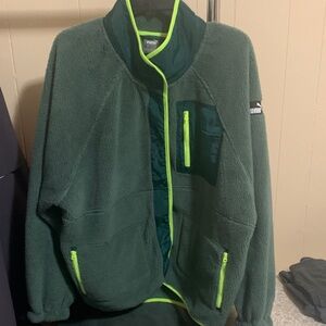 Puma Dark Green Fleece Jacket with Bright Yellow Details